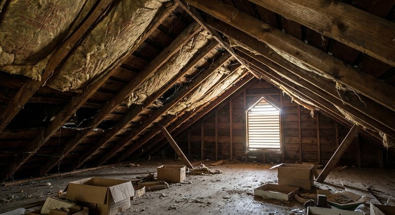 Uninsulated attic showing exposed rafters and air gaps