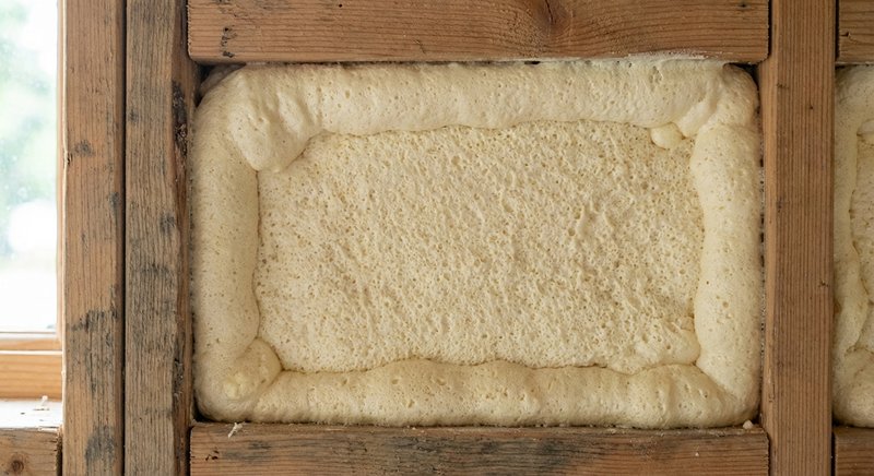 Open cell spray foam insulation applied in residential wall cavity