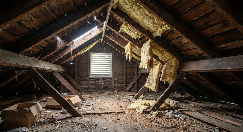 Uninsulated attic space with exposed framing and air gaps
